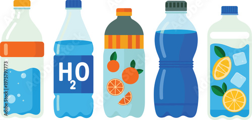 Vector illustration of colorful beverage bottles including water, citrus drink, sports drink, and lemon flavor