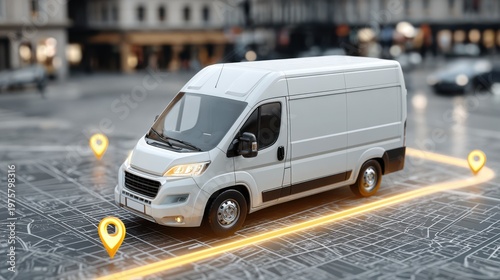 Courier van tracked on digital city map with glowing route line and location points for last mile delivery