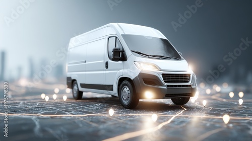 Courier van tracked on digital city map with glowing route line and location points in modern transport system