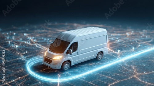 Courier van is tracked on a digital city map with a glowing route line and location points for last mile delivery in a modern transport setting