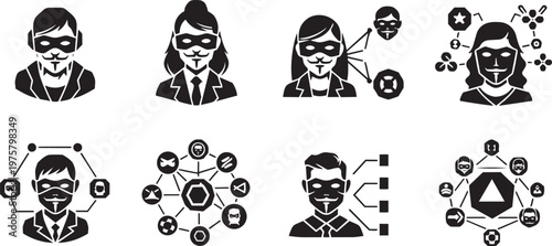 Black and white icons set with woman silhouettes, and maks