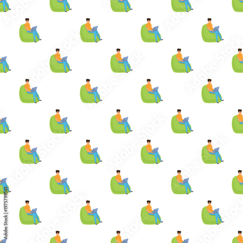 Man freelancing, sitting on a bean bag chair with laptop, in a seamless pattern
