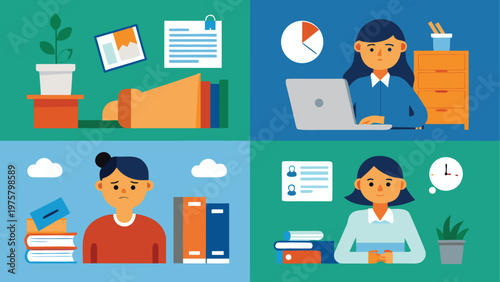 Flat design office workflow icons, business productivity set, 4 colorful sections, infographic elements