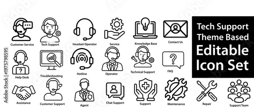 Tech support and customer service icon set featuring help desk, technical assistance, hotline, support, live chat, maintenance, troubleshooting, and call center agent symbols in black line