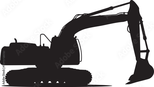 Black excavator silhouette on white background construction equipment
