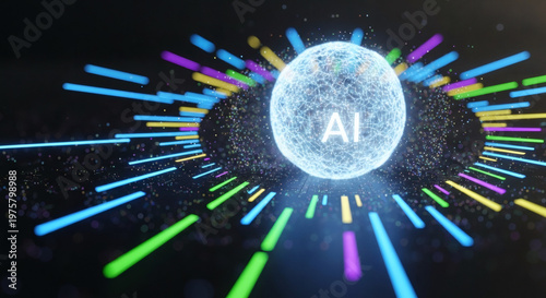 AI concept with glowing sphere and colorful radiating light beams on a dark background