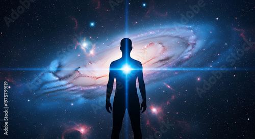 Radiant human form experiencing profound spiritual awakening within a stunning galactic universe