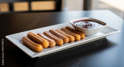A close up view showcases a rectangular white plate presenting freshly made churros alongside a small bowl of rich chocolate sauce