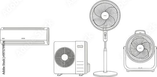 Vector illustration of cooling appliances including air conditioners and fans in simple line drawing style