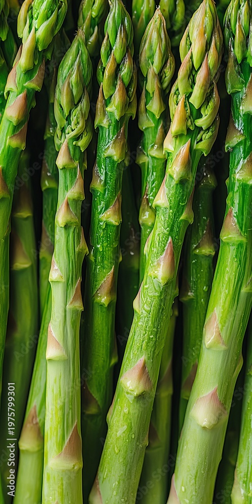 Obraz premium Freshly Harvested Green Asparagus Stalks with Dew Drops, Crisp Texture and Vibrant Color Display