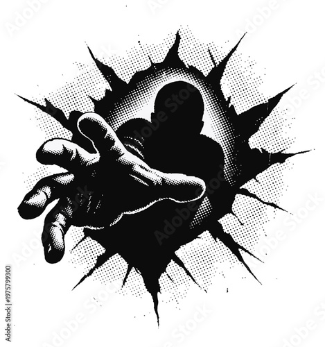A dramatic black silhouette reaches through a torn hole in a wall, hand extended toward the viewer in bold comic halftone style, evoking urgency