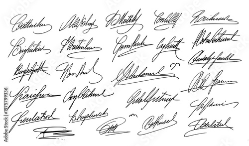 A vector graphic illustration of multiple signatures in black ink on a white background