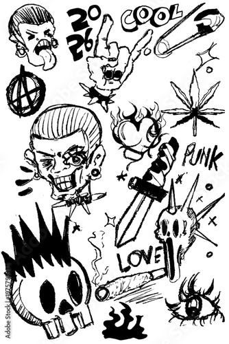 Handdrawn cute punk character in Doodle style and amazing sketch art bundle 