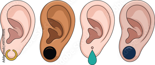 Vector illustration of diverse human ears with different earrings in various skin tones