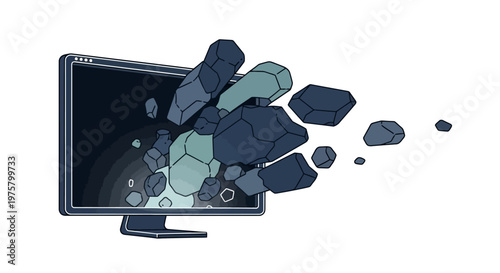 Shattered computer monitor screen breaking apart