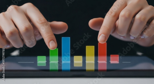 Hands interact with a vibrant digital bar graph on a tablet, visualizing business data analysis, financial performance, and strategic insights for informed growth decisions