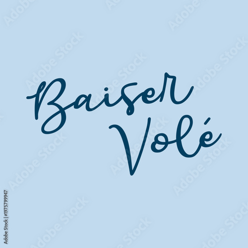 Elegant handwritten cursive typography of the French phrase "Baiser Vole," meaning "Stolen Kiss." Stylish blue lettering on a light background for t-shirt prints and fashion.