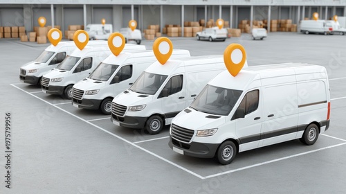 Fleet of delivery vans parked with floating location pins for tracking in warehouse yard during logistics operations
