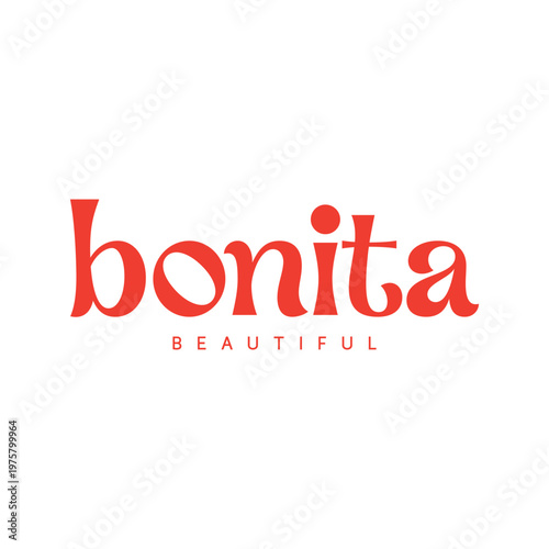 Minimalist red typography featuring the word "Bonita" with the English translation "Beautiful" underneath. Clean and stylish graphic design for fashion t-shirts and apparel.