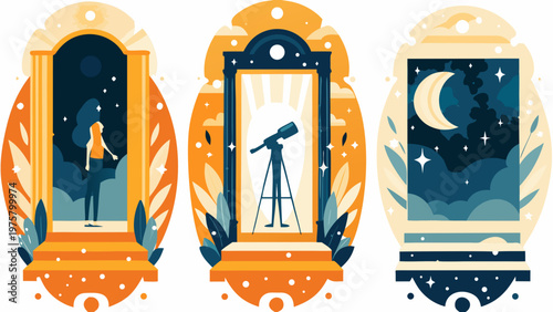 Three ornate frames depicting scenes of stargazing and celestial wonder