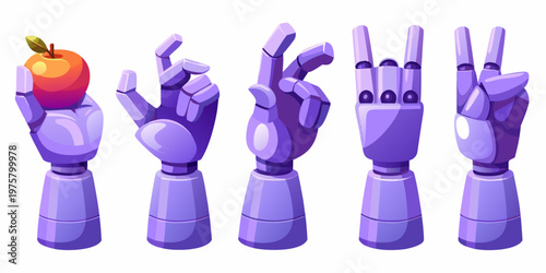 Robotic hands interacting with a red apple in a cartoon style