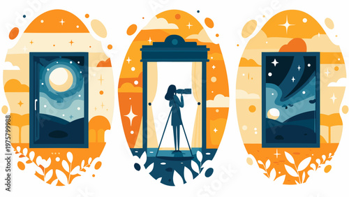 Three ornate frames showcase celestial scenes and a stargazing figure