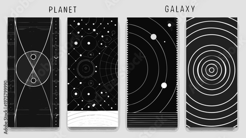 Abstract planetary and galactic designs in a black and white pattern
