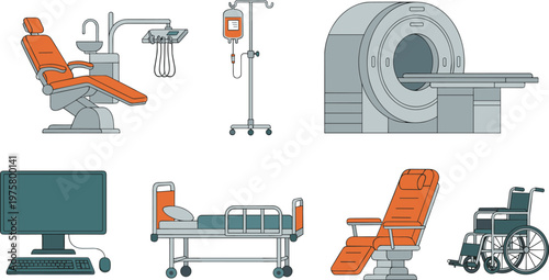 Vector illustration of medical equipment including dental chair, IV stand, MRI scanner, hospital bed, and wheelchair
