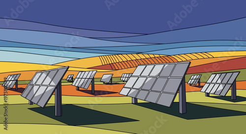 Solar panels in a field with a clear blue sky