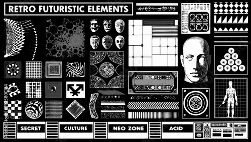 A collage of retro futuristic elements and abstract geometric designs