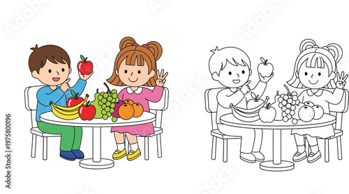 Cute Boy and Girl Sitting at Table with Fresh Fruits, Set of Colored Illustration and Black and White Line Art for Children Coloring Book, Healthy Eating Concept for Kids Education