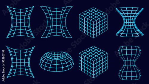 Neon blue geometric shapes display warped and cubic forms on dark background