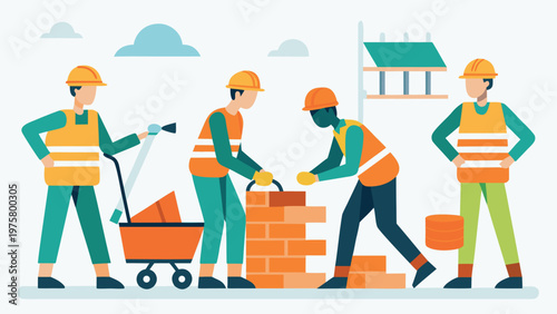 Construction workers, laborers, builders, site, brick wall