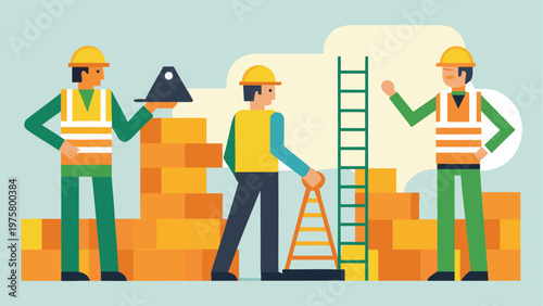 Construction workers, laborers, building site, yellow hard hats