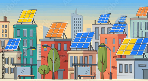 Solar panels on colorful city buildings