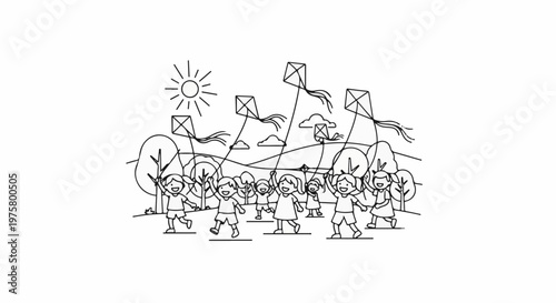 Children happily flying kites in a park on a sunny day