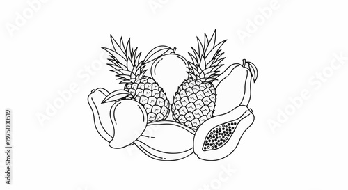 Collection of stylized tropical fruits, including pineapples, mangoes, and papaya slices