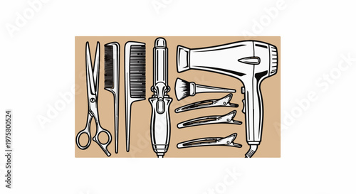 Collection of professional hair styling tools, including scissors, combs, curler, clips, and dryer