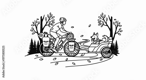 Cyclist with dog in trailer on a path with autumn leaves