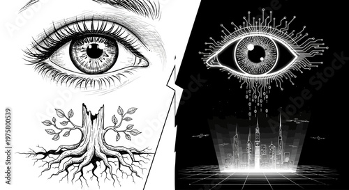 Split personality concept with eye and tree roots