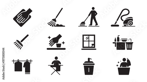 A collection of black icons representing various household cleaning activities and chores