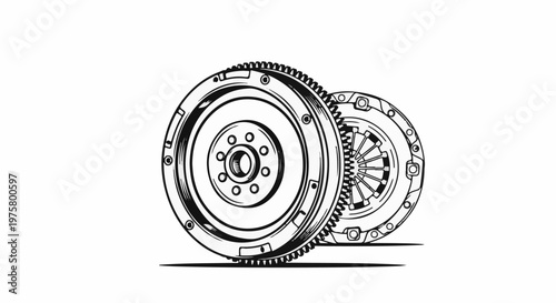 Detailed line drawing of two automotive clutch components, flywhe..