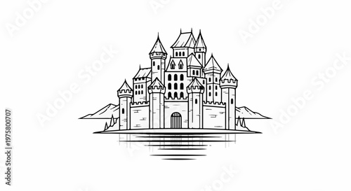 A detailed line art drawing of a grand medieval castle with multiple towers and ramparts