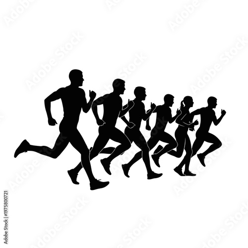 Diverse group of runners in silhouette sprinting forward on white background, motion blur
