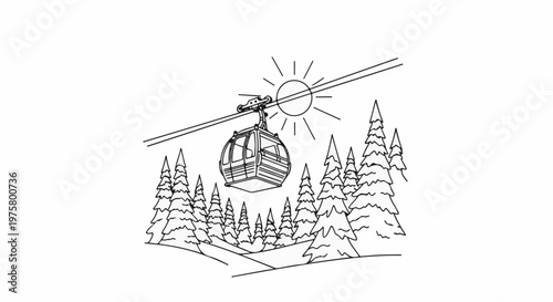 A gondola lift traverses a snowy forest under a bright sun