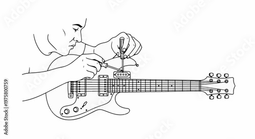 Person carefully adjusting electric guitar pickup with screwdriver