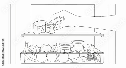 A hand takes a wedge of cheese from a refrigerator filled with produce