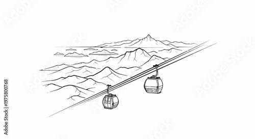 Sketch of cable cars ascending a mountain range with clouds