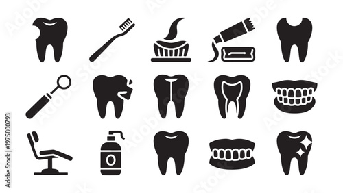 A set of black and white icons for dental care representing oral health and hygiene tools