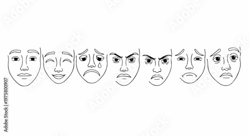A series of seven simple line drawings depicting different human facial expressions